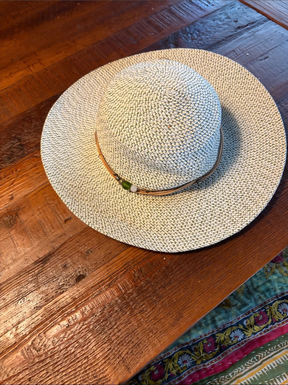 Wide-Brim Straw Sun Hat with Bead Trim - Cream
